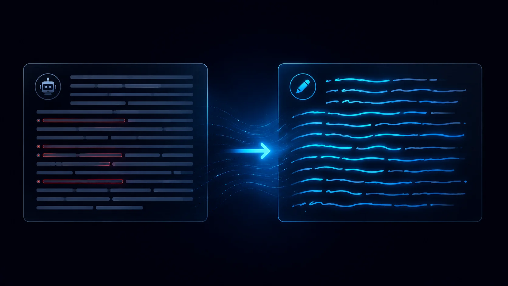 Humanizing AI text — robotic lines transforming into natural writing