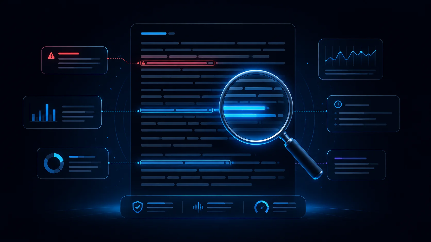 Illustration of AI-writing tells: flagged sentences under a scanner