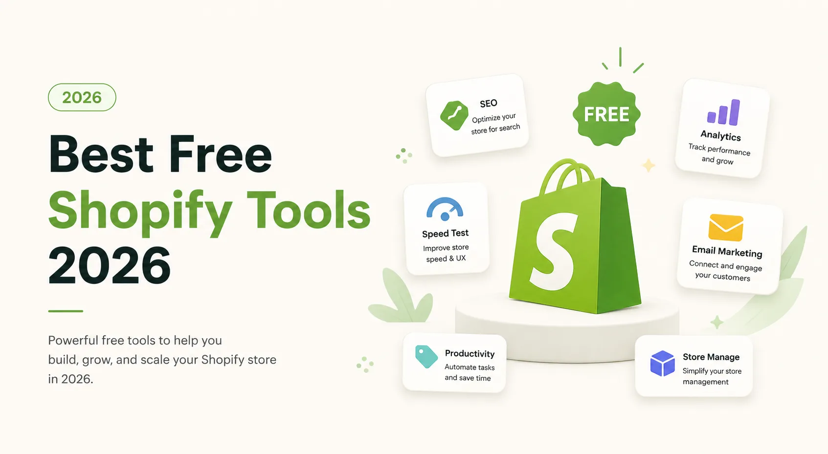 Nine free Shopify tool icons in a grid, each labelled with the job it does