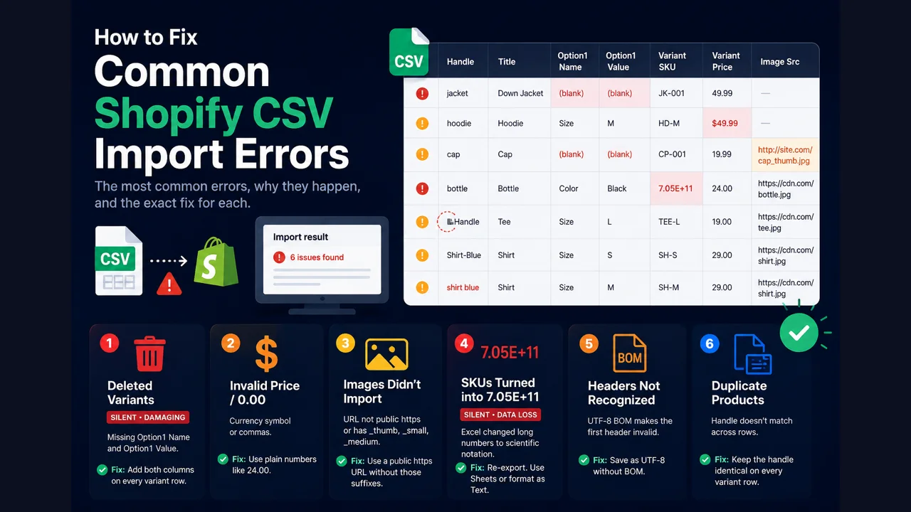 Shopify CSV import error list with fixes