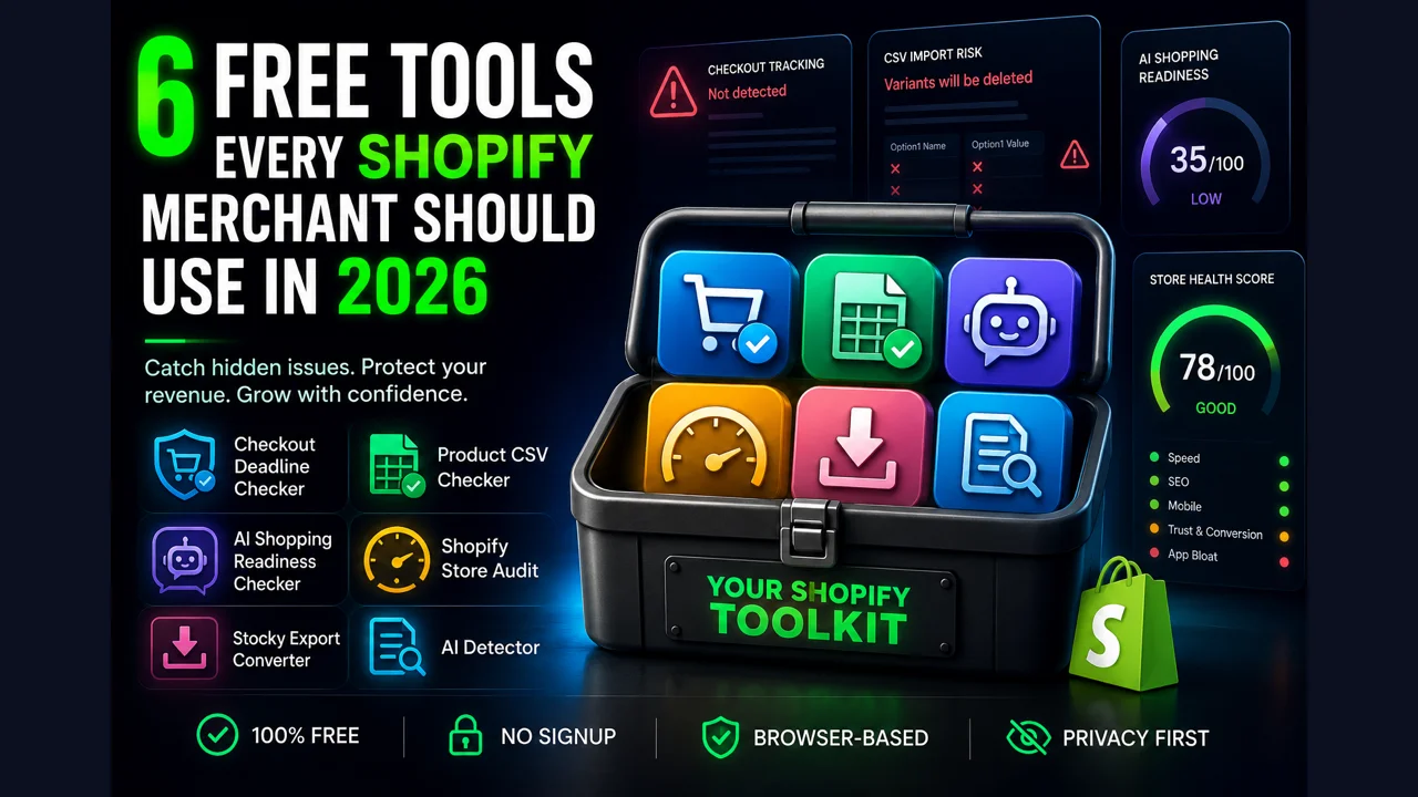 Six free Shopify tools shown as a toolkit for merchants