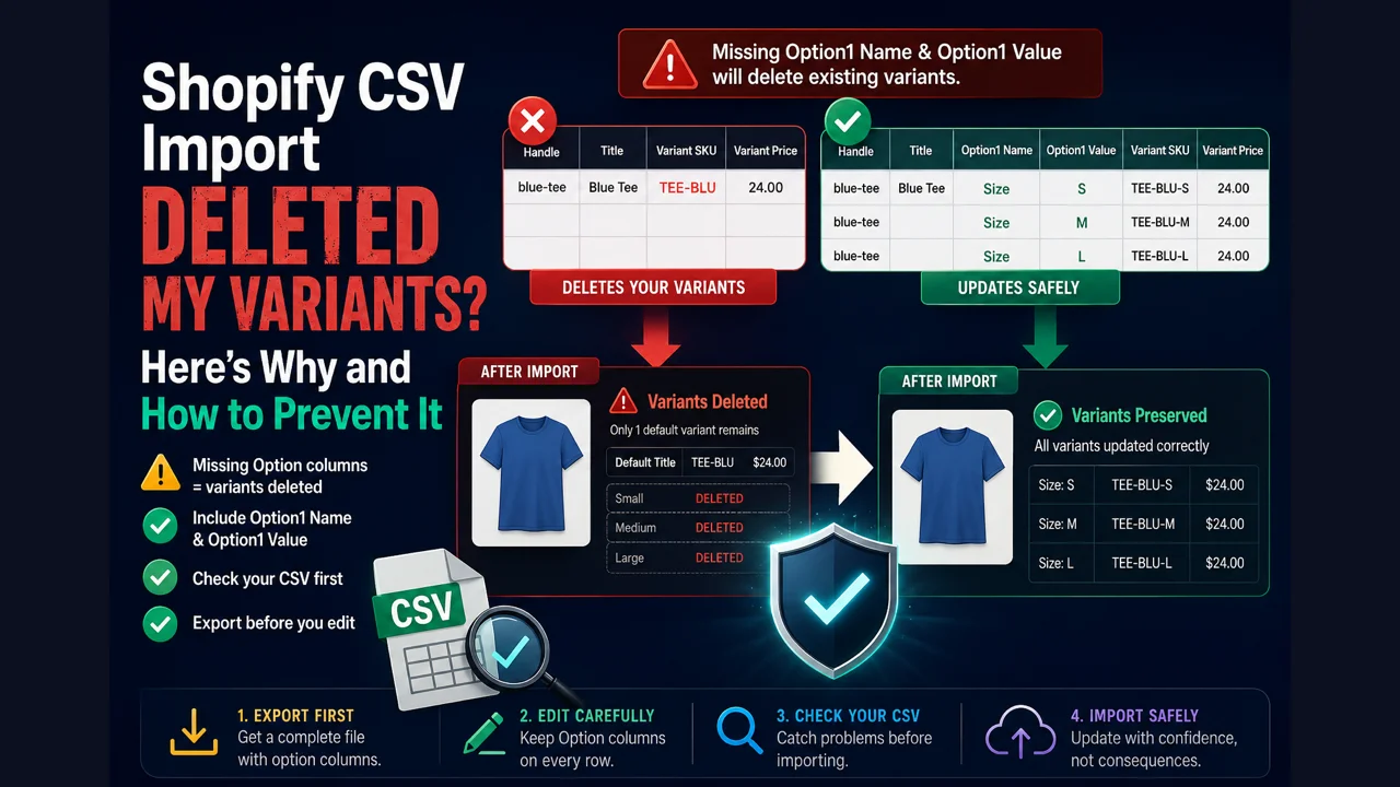 Shopify product CSV import warning that missing option columns will delete variants