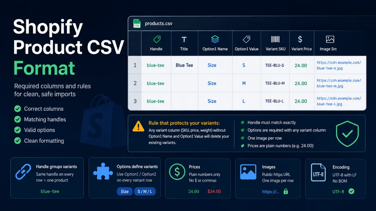 Shopify product CSV columns and format rules