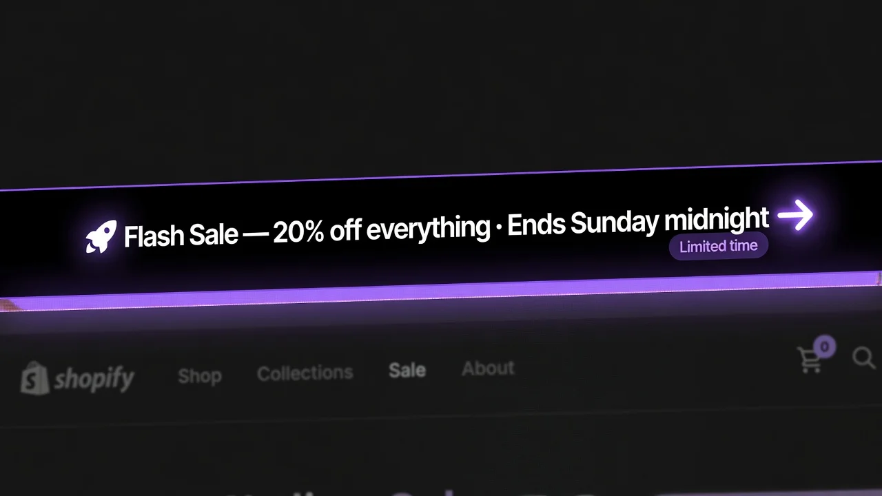 Shopify announcement bar at the top of a store showing a free shipping promo