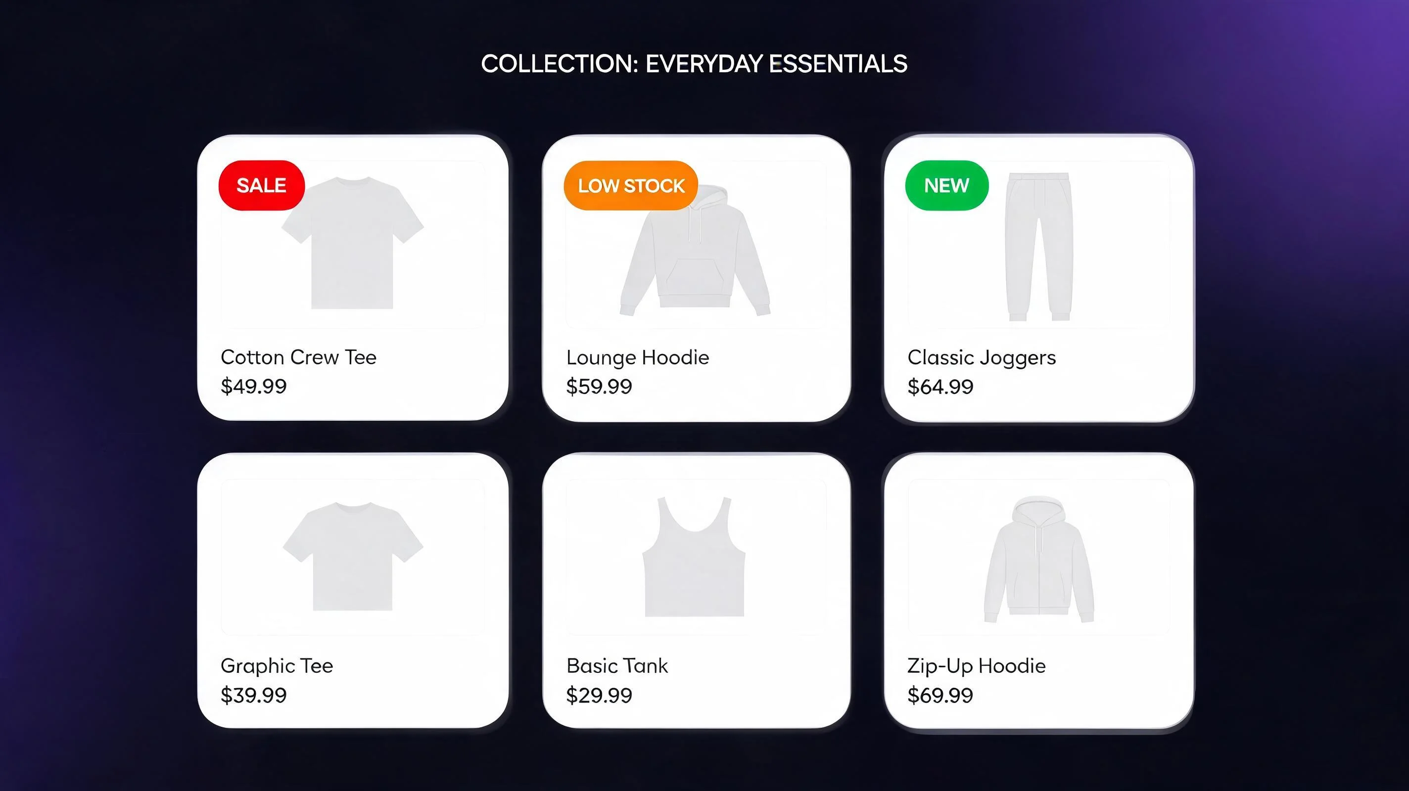 Shopify product grid with SALE NEW and LOW STOCK badge labels on product cards