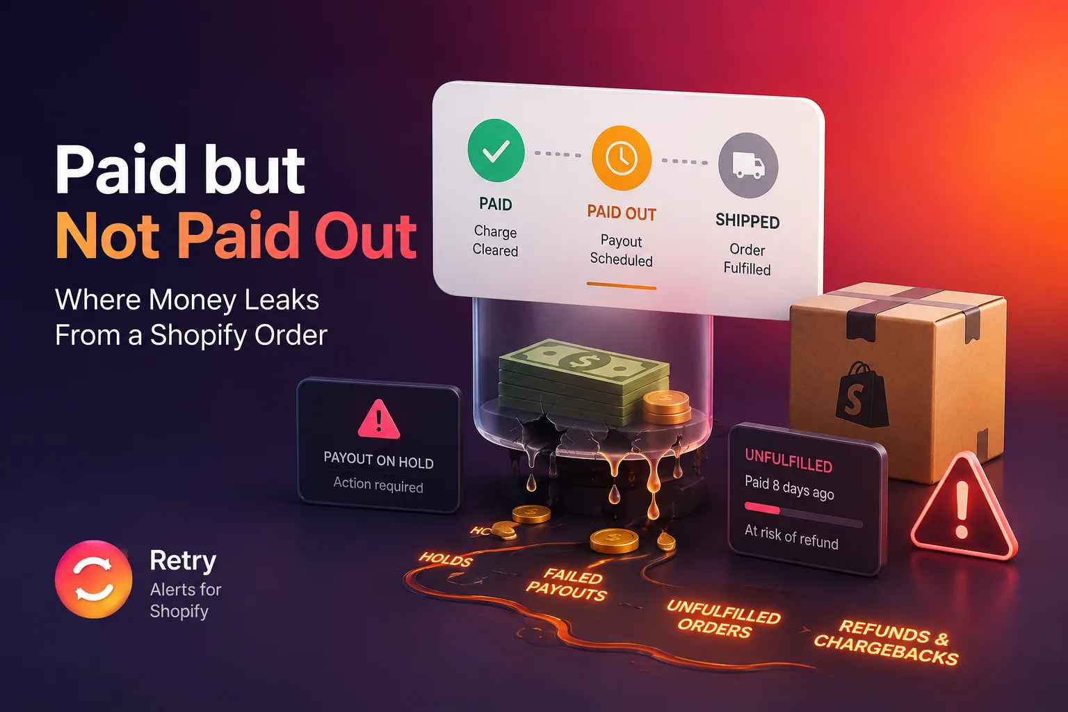 A paid Shopify order splitting into two leaks, a stalled payout and an unshipped order, with the dollar at risk
