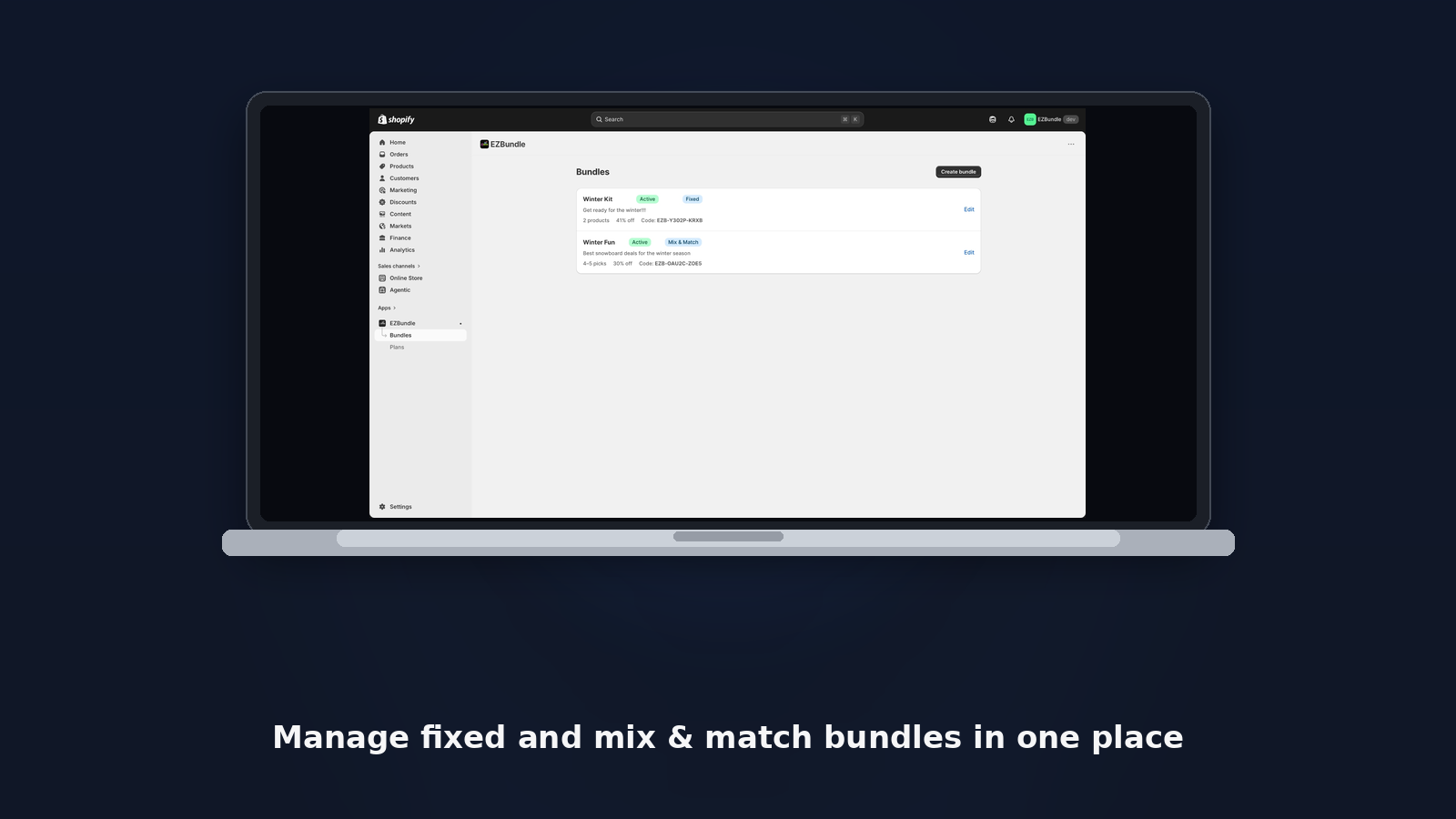 EZBundle bundles list in Shopify admin