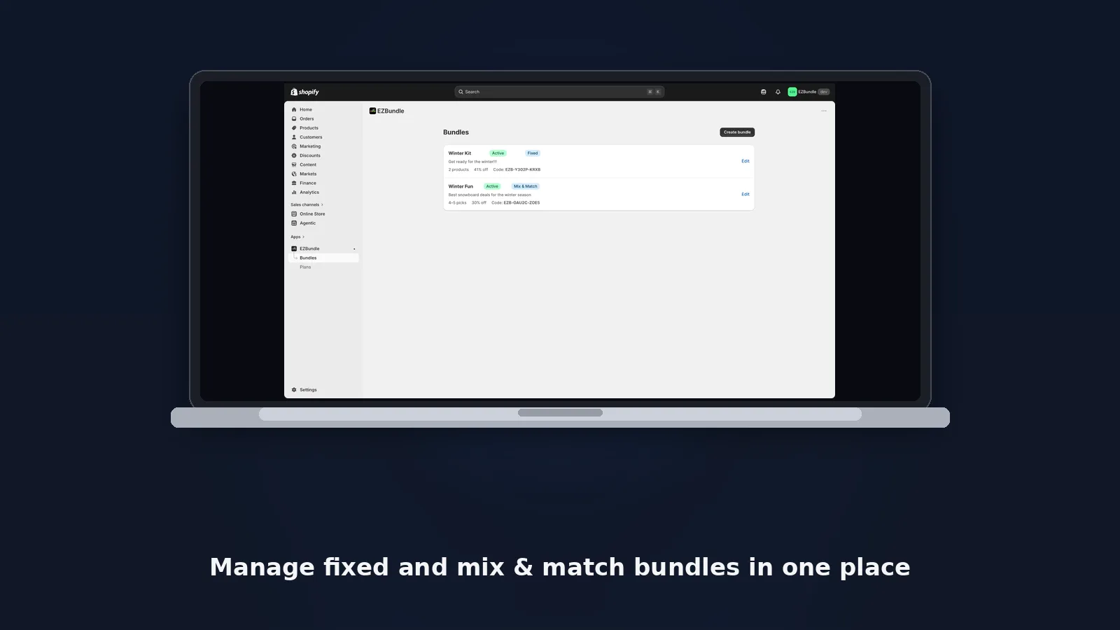 EZBundle bundles list in Shopify admin