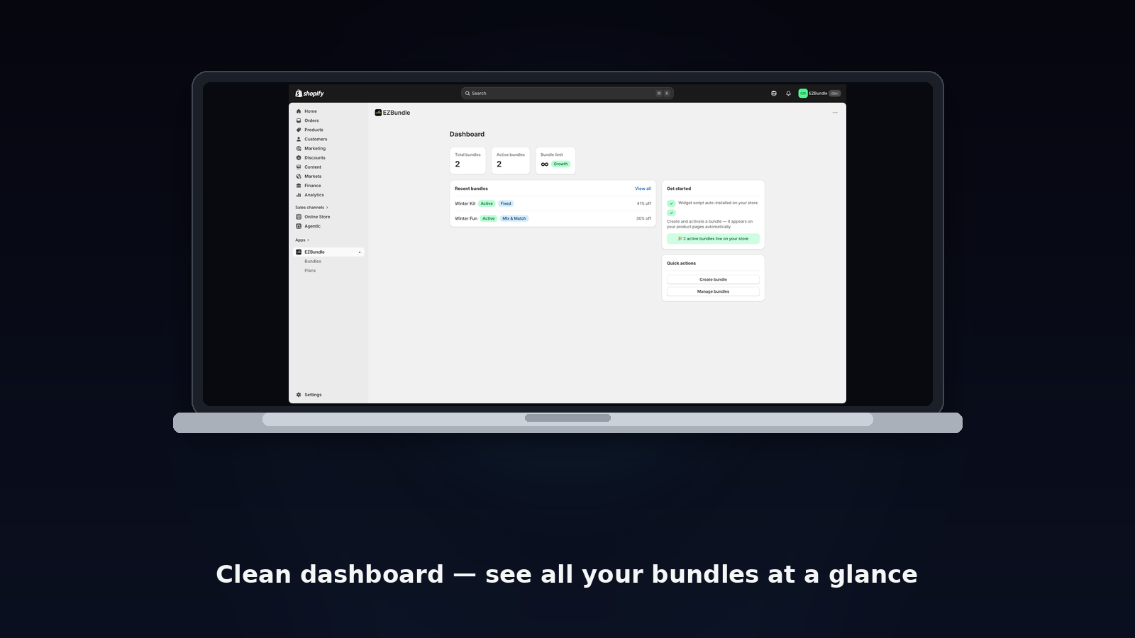 EZBundle admin dashboard in Shopify