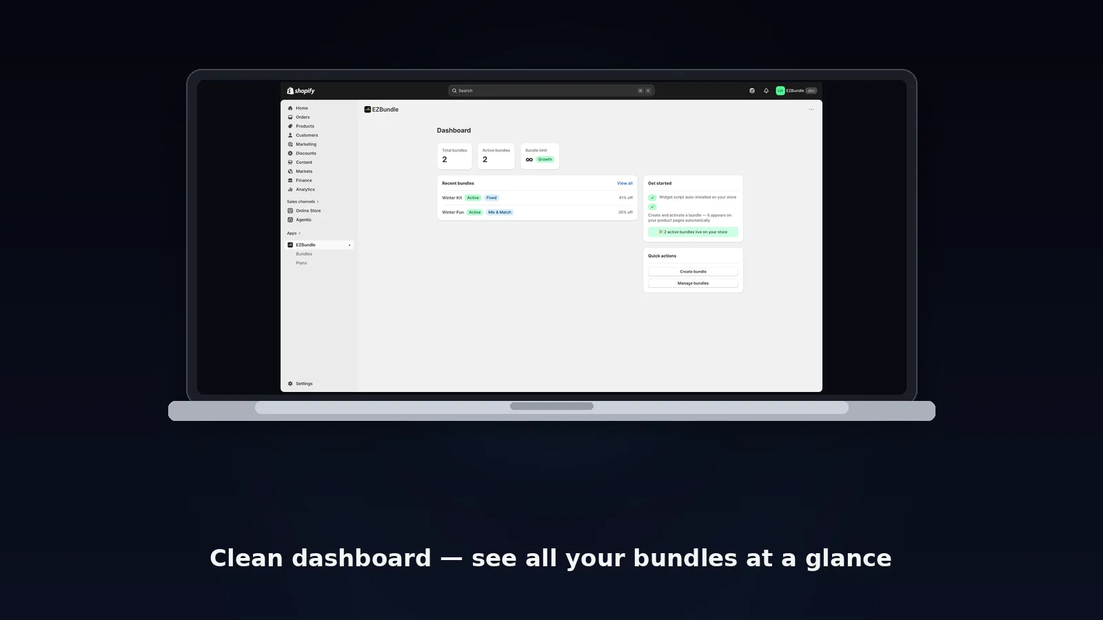 EZBundle admin dashboard in Shopify