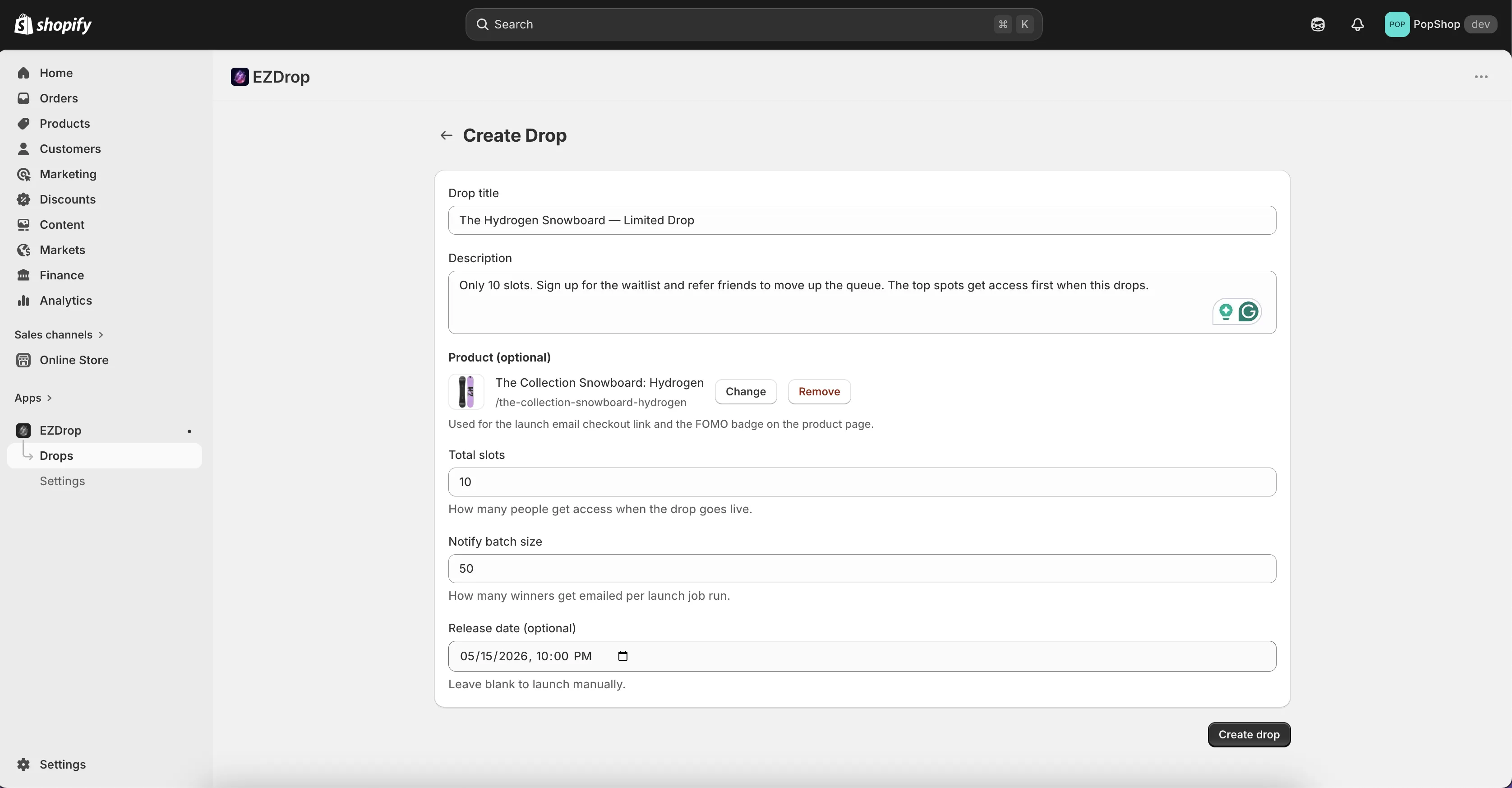 EZDrop admin: create a new product drop with title, slots, and release date fields