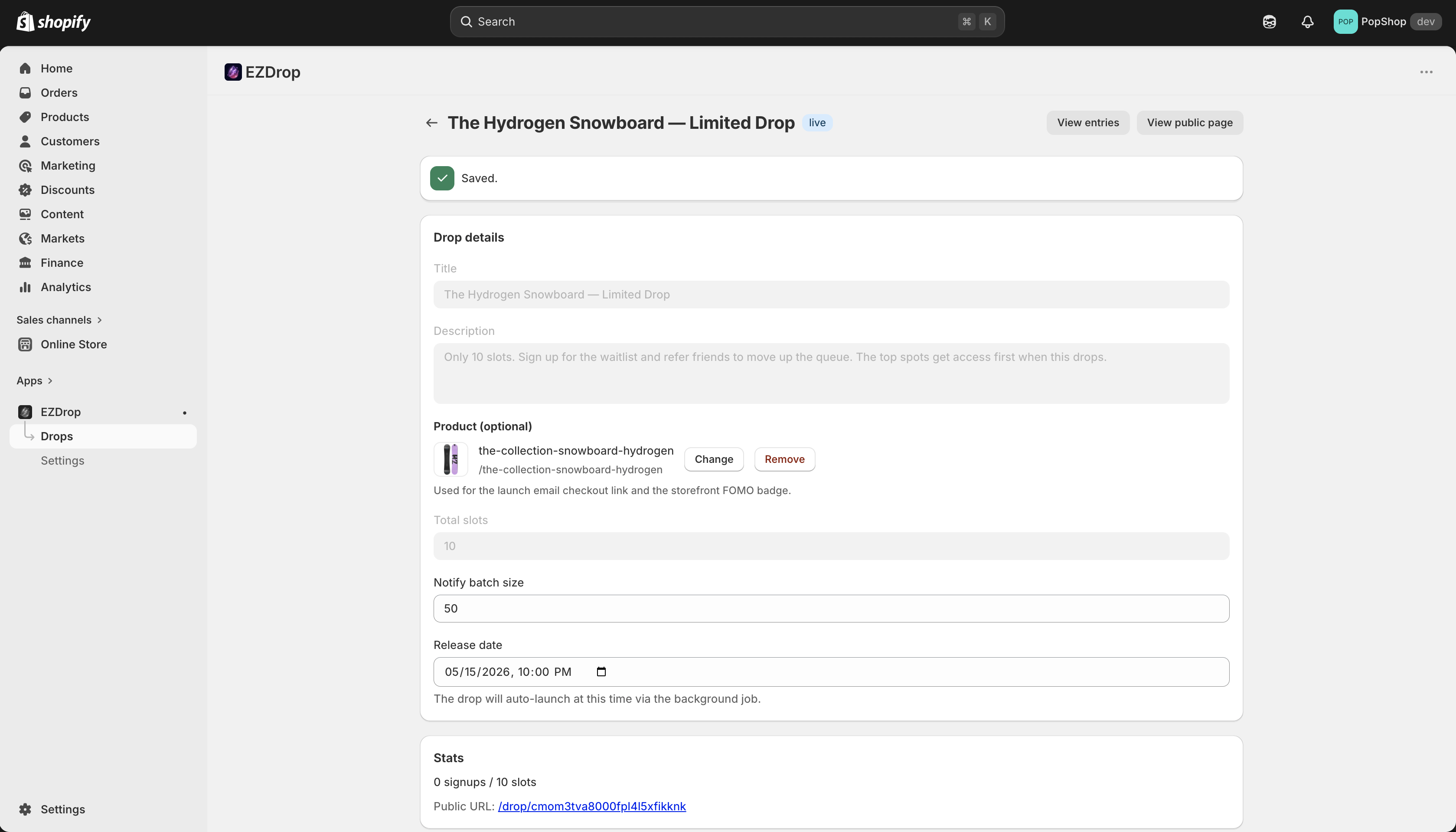 EZDrop admin dashboard showing drop status, waitlist entry count, and management controls