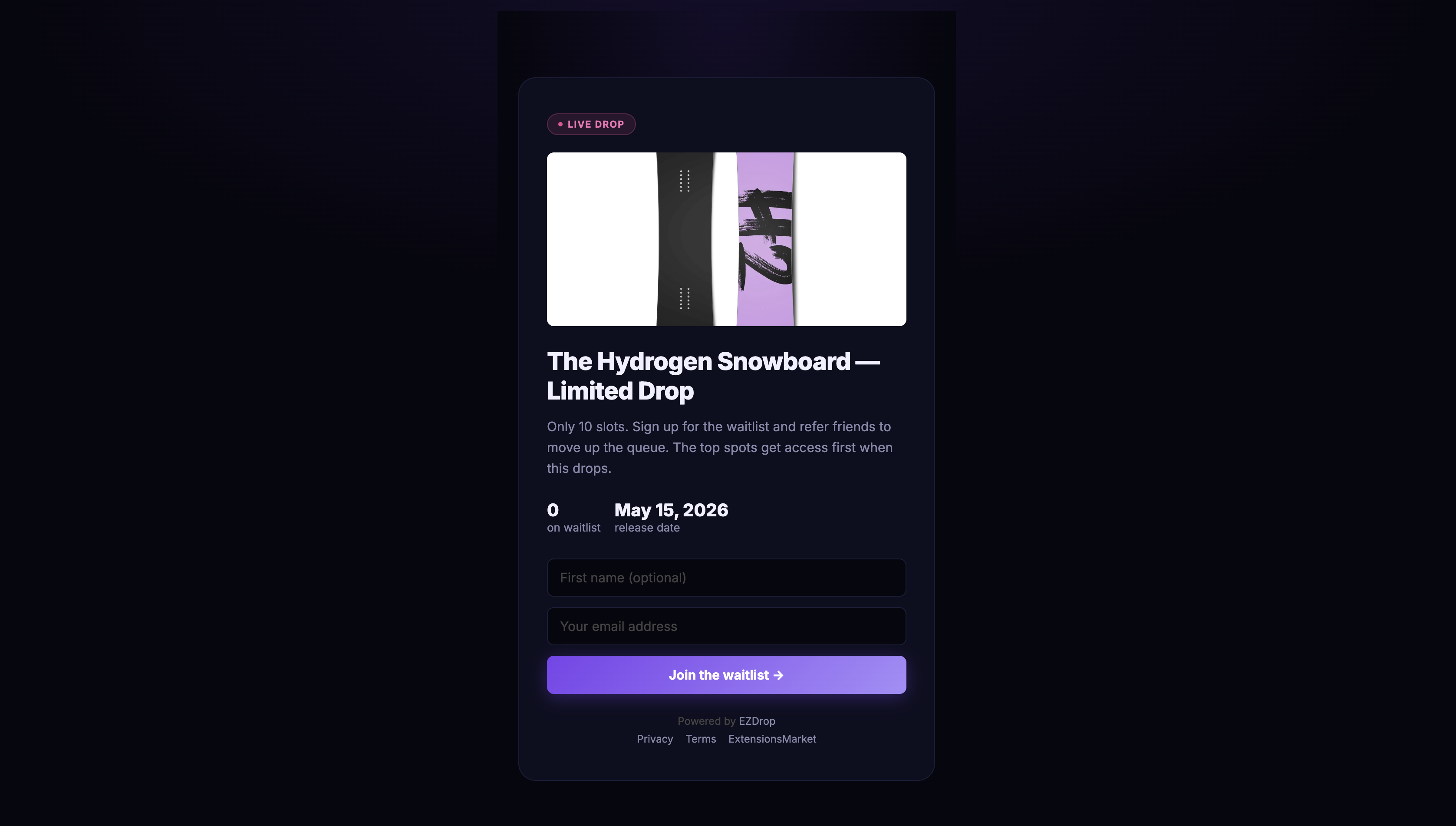 EZDrop public waitlist page showing signup form with live entry count and countdown timer
