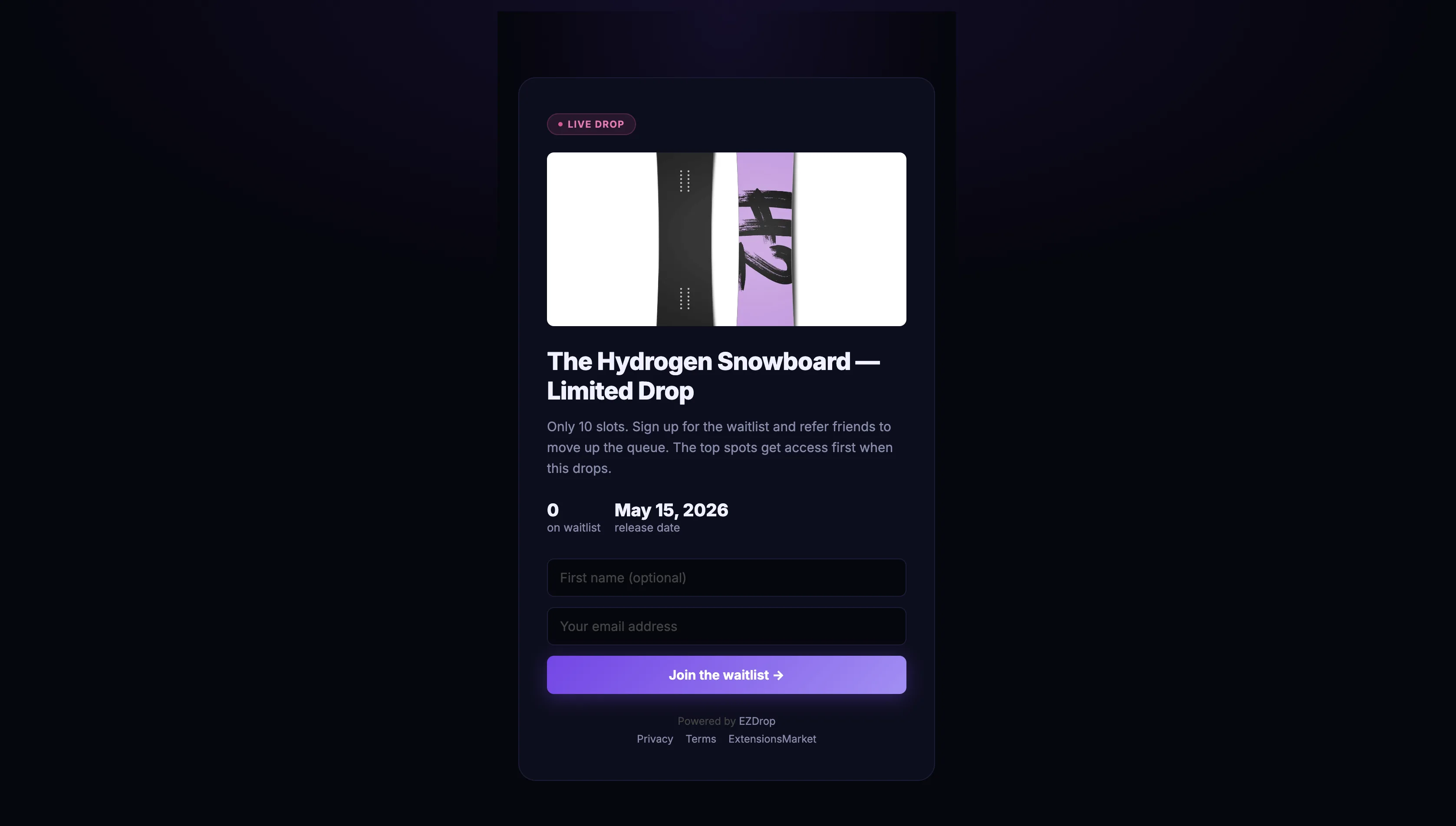 EZDrop public waitlist page showing signup form with live entry count and countdown timer