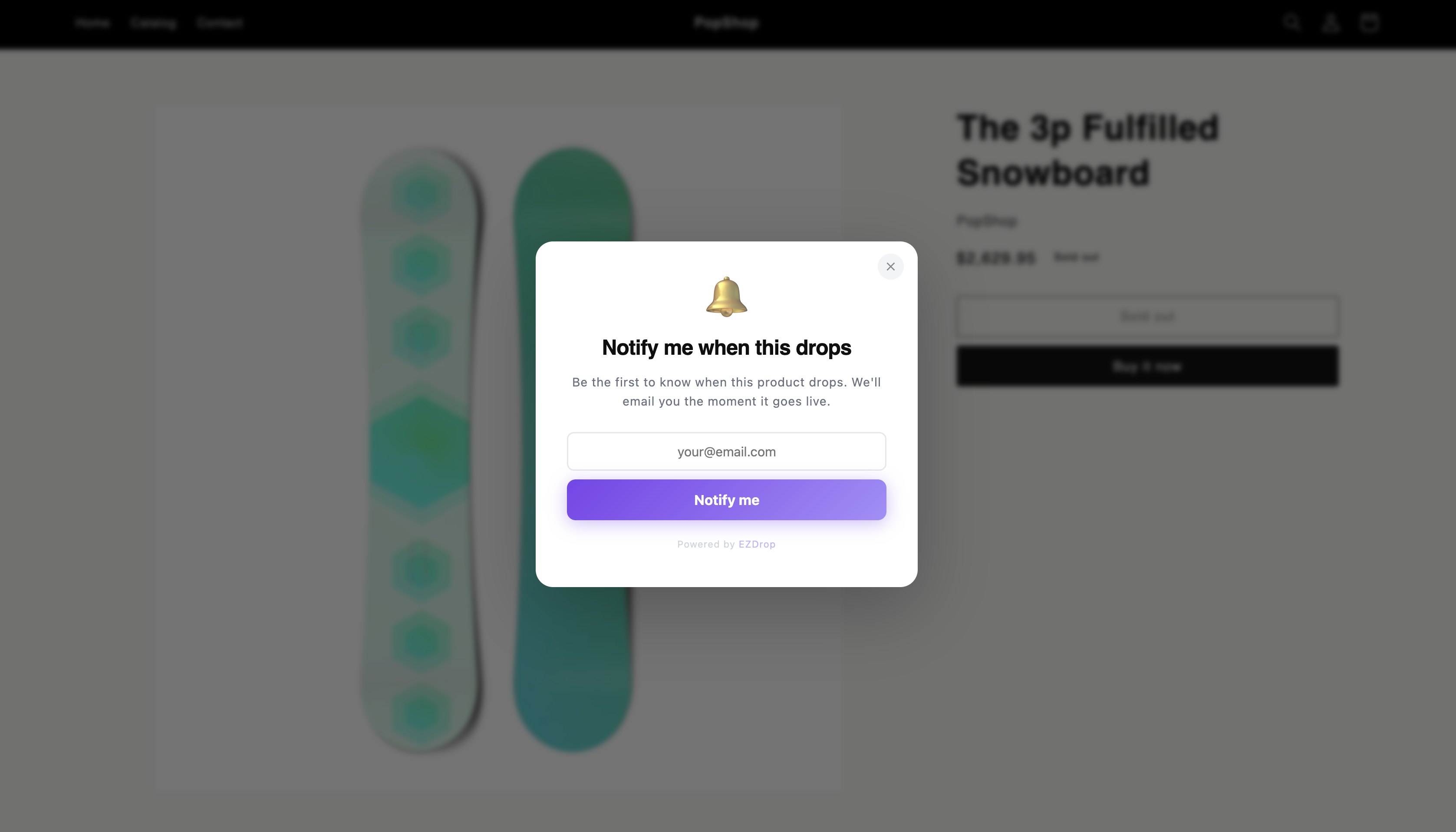 EZDrop storefront popup with Notify Me email capture for pre-drop interest on product pages