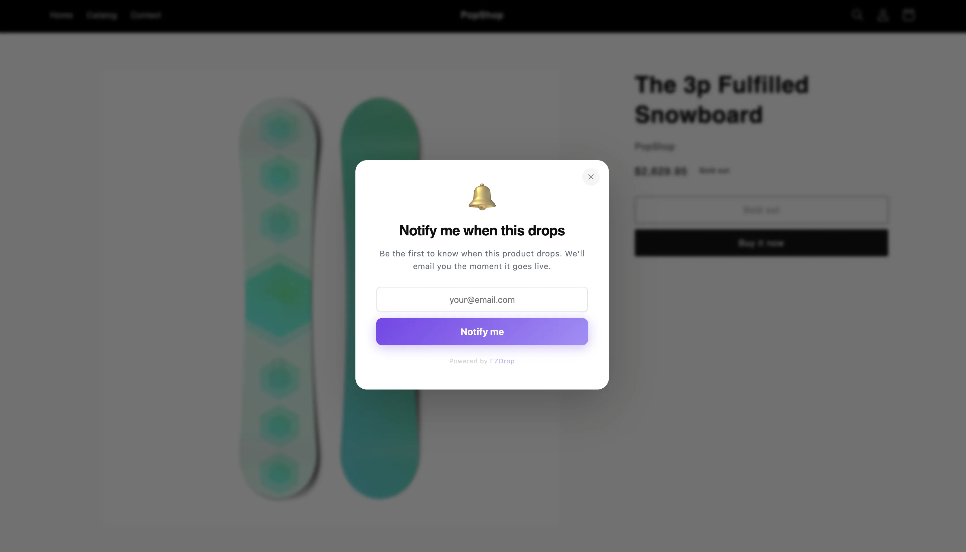 EZDrop storefront popup with Notify Me email capture for pre-drop interest on product pages