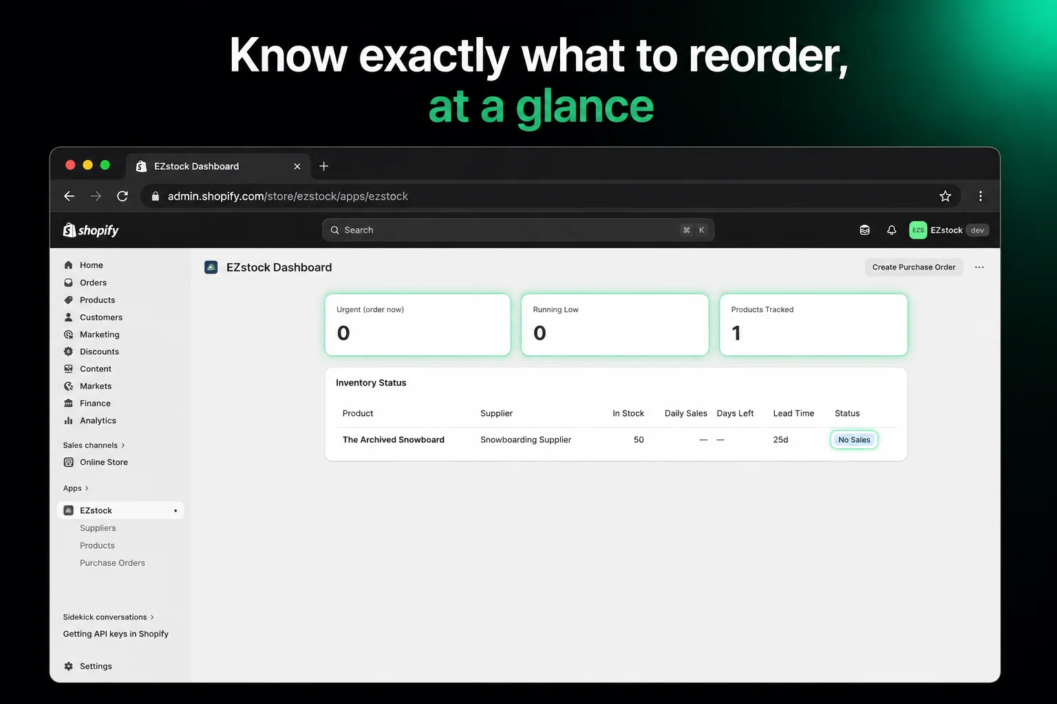 EZstock dashboard showing urgent reorder alerts, low-stock count, and inventory status table
