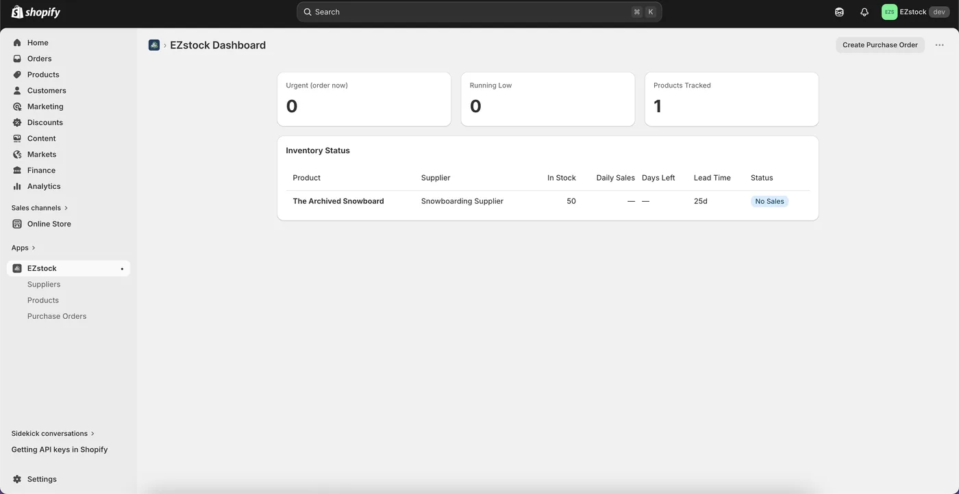 EZstock dashboard showing urgent reorder alerts, low-stock count, and inventory status table