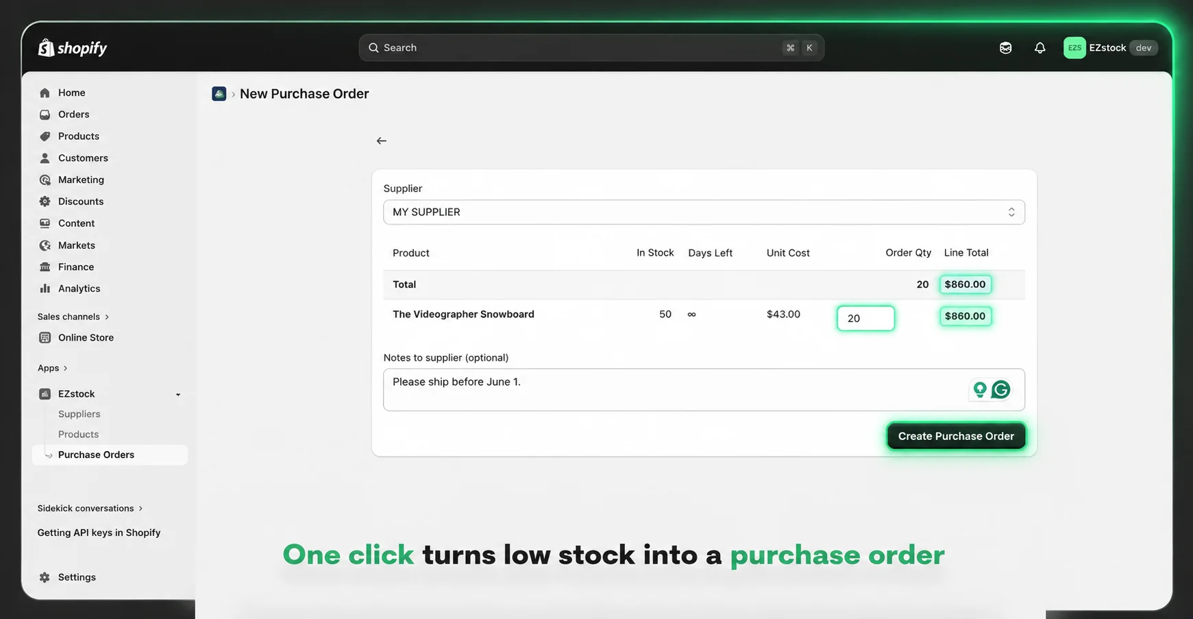 EZstock new purchase order screen with auto-suggested quantities based on sales velocity
