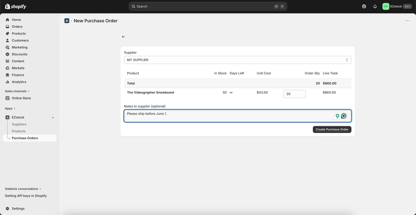 EZstock new purchase order screen with auto-suggested quantities based on sales velocity