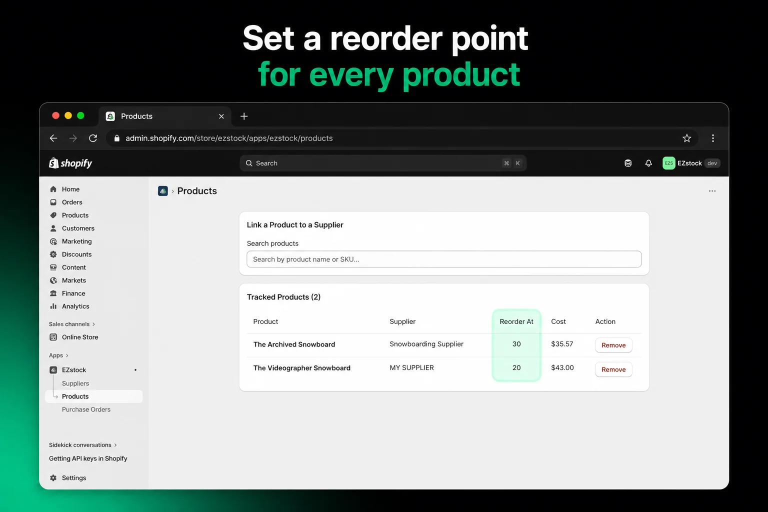 EZstock tracked products with reorder points and cost prices