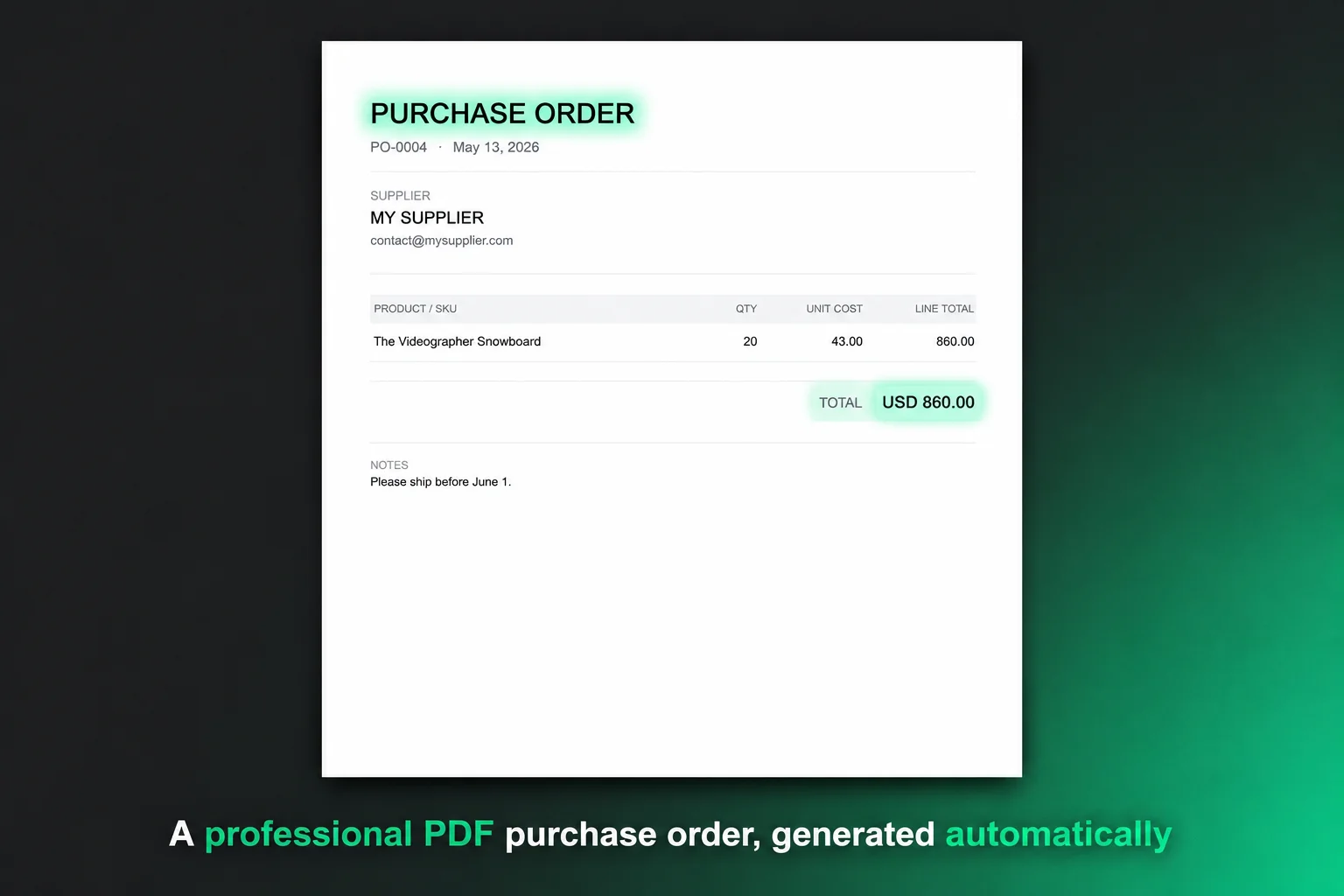 EZstock auto-generated PDF purchase order ready to email to a supplier