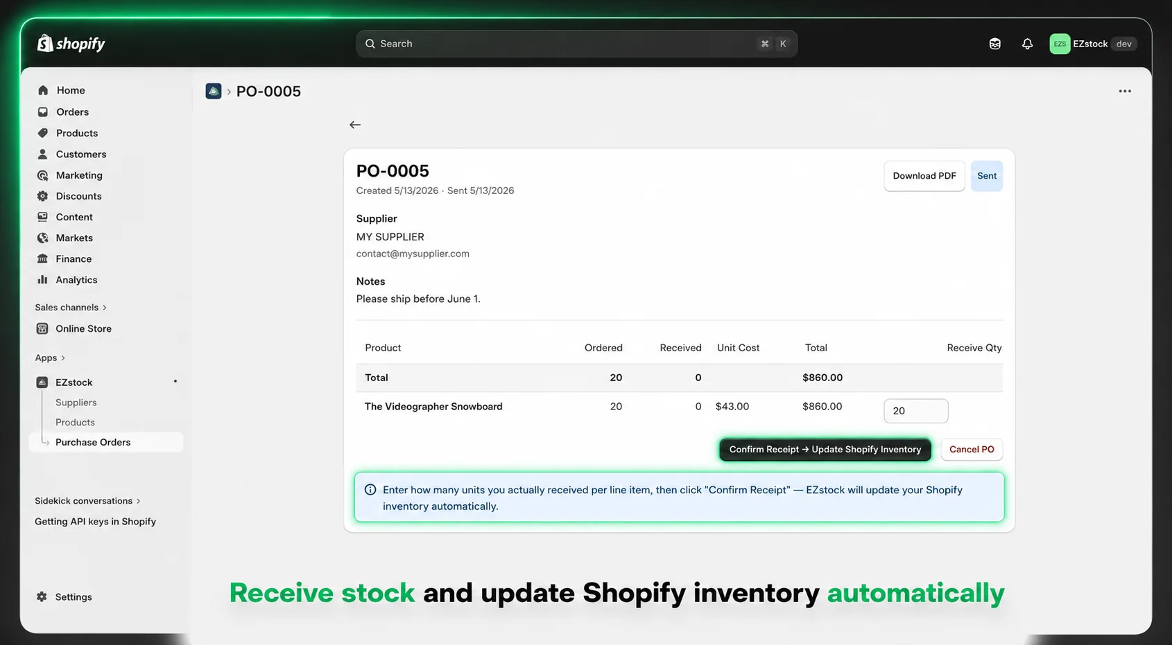 EZstock sent purchase order with confirm receipt and automatic Shopify inventory update