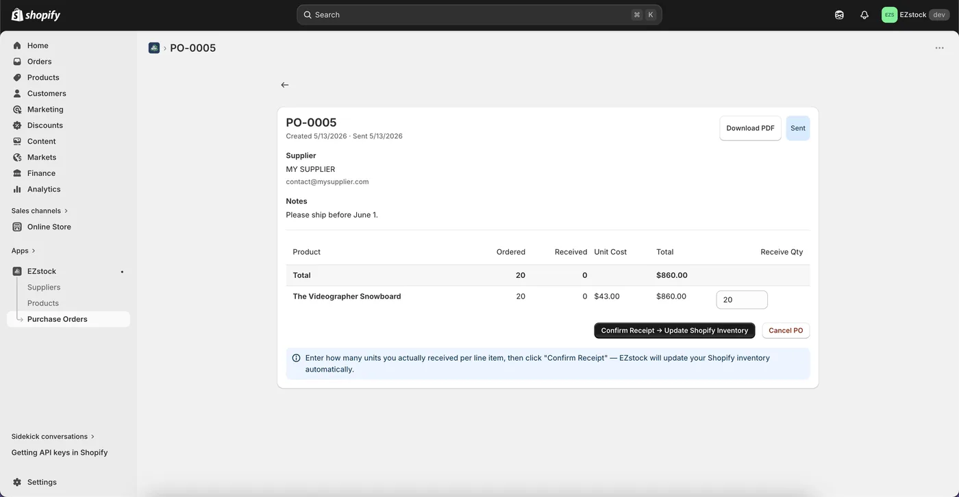 EZstock sent purchase order with confirm receipt and automatic Shopify inventory update