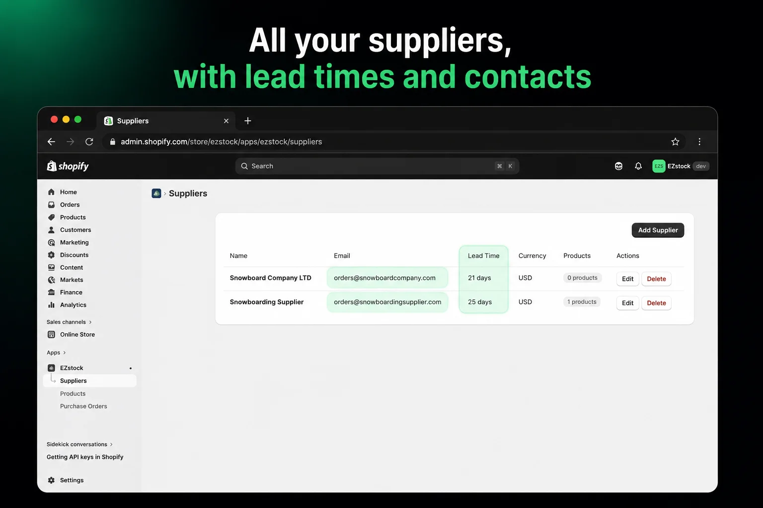 EZstock supplier list with lead times, emails, and currencies