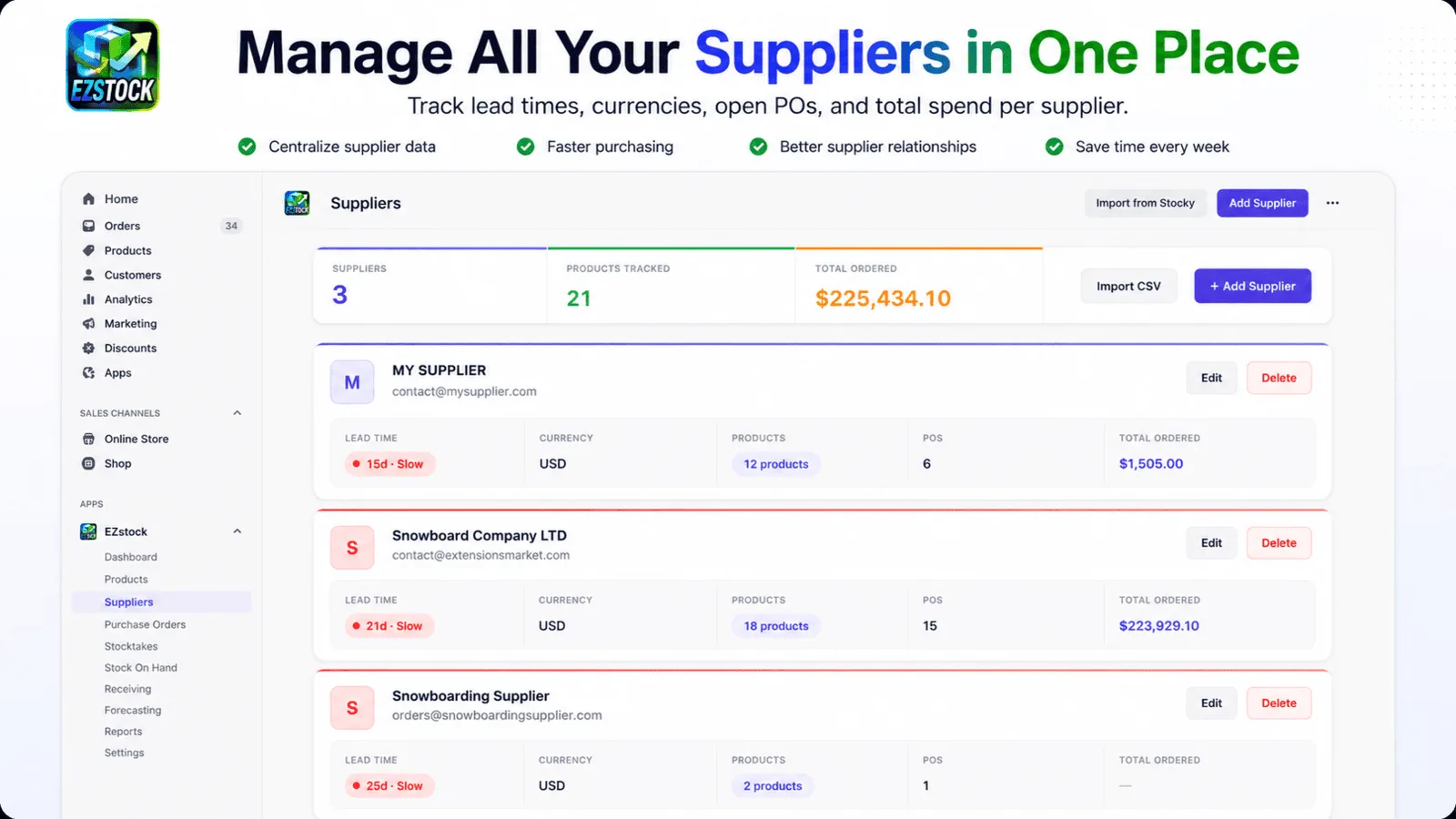 EZstock supplier list with lead times, emails, and currencies