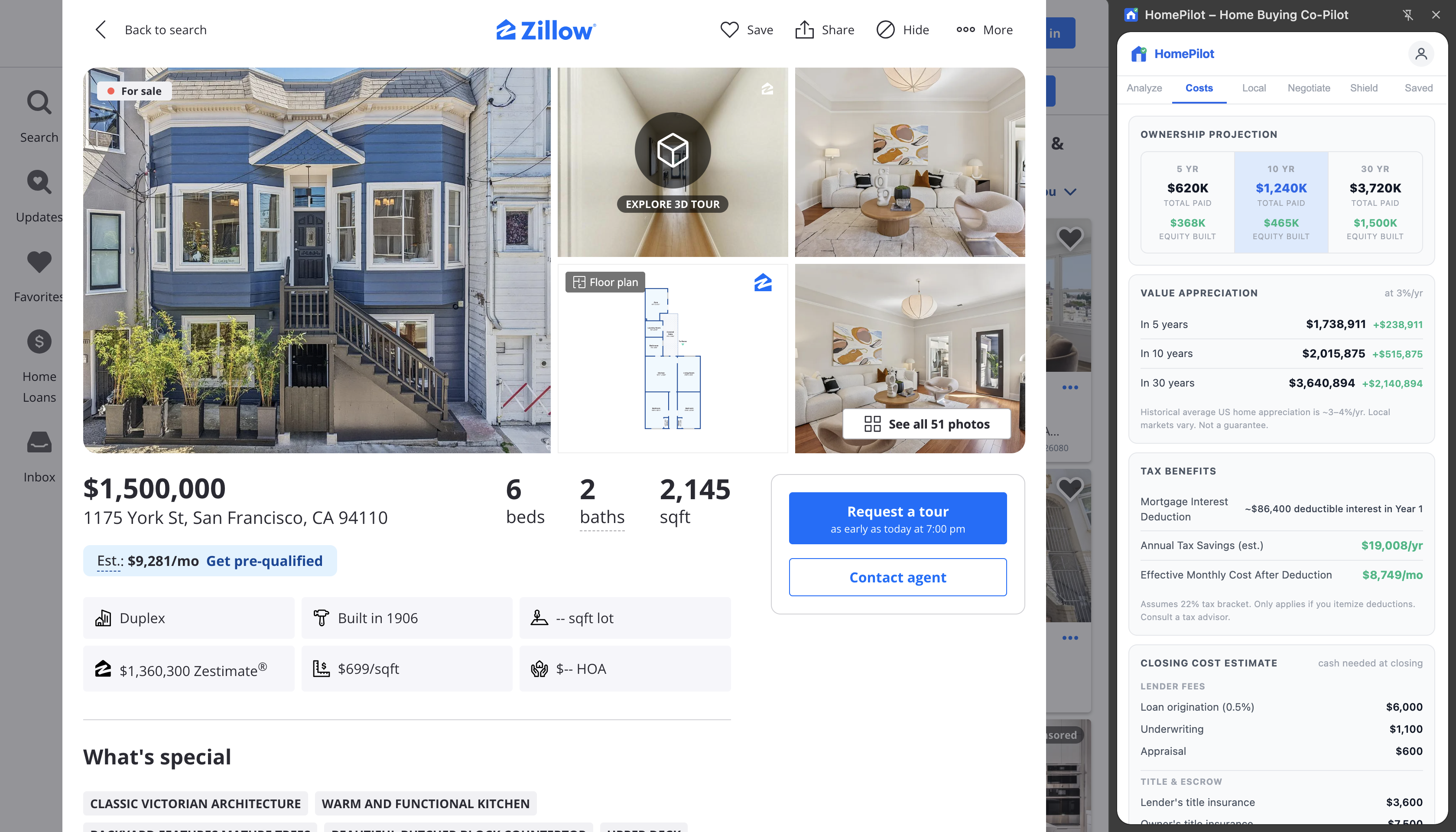 HomePilot Costs tab — ownership projection and closing cost estimate