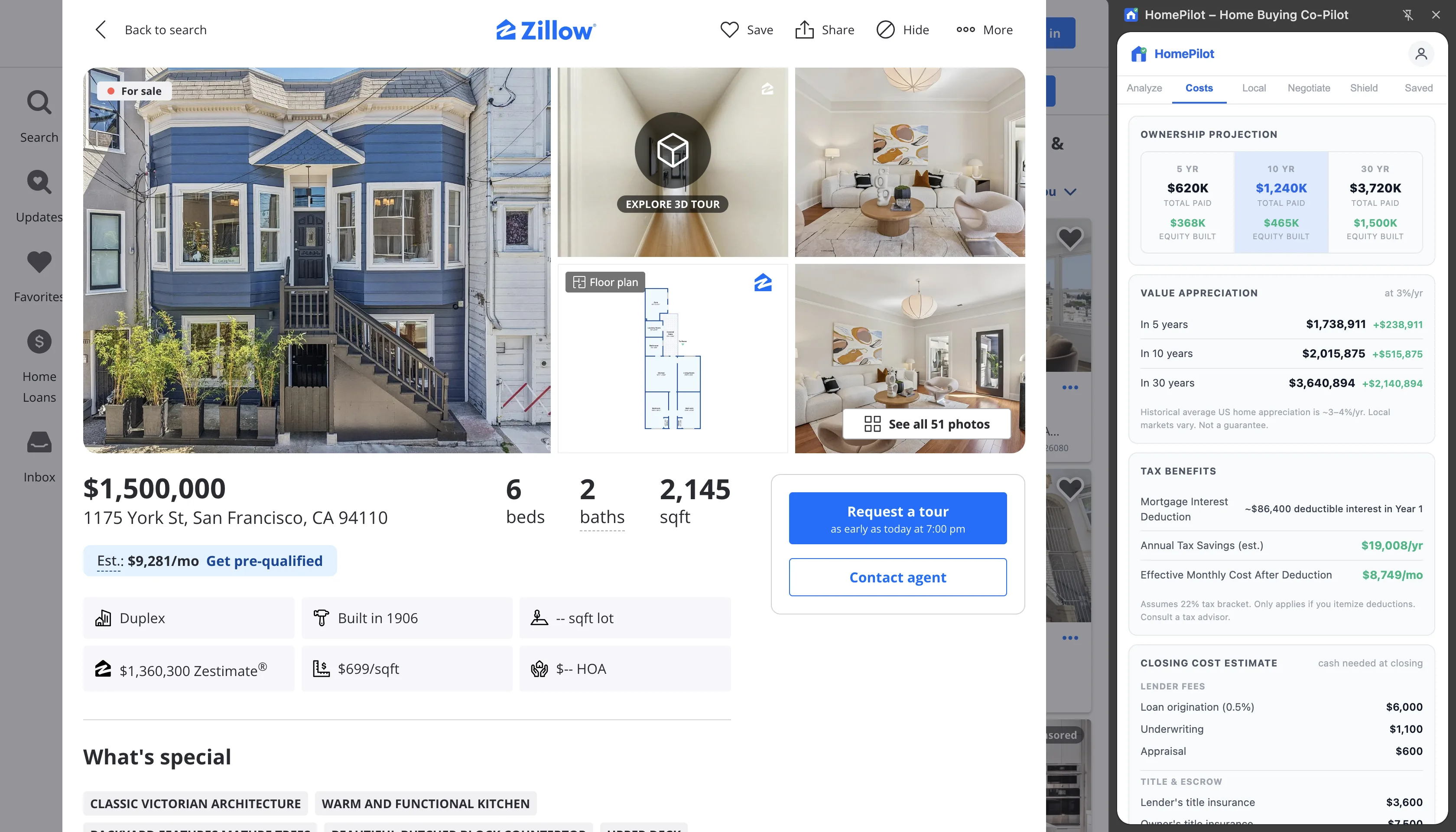 HomePilot Costs tab — ownership projection and closing cost estimate