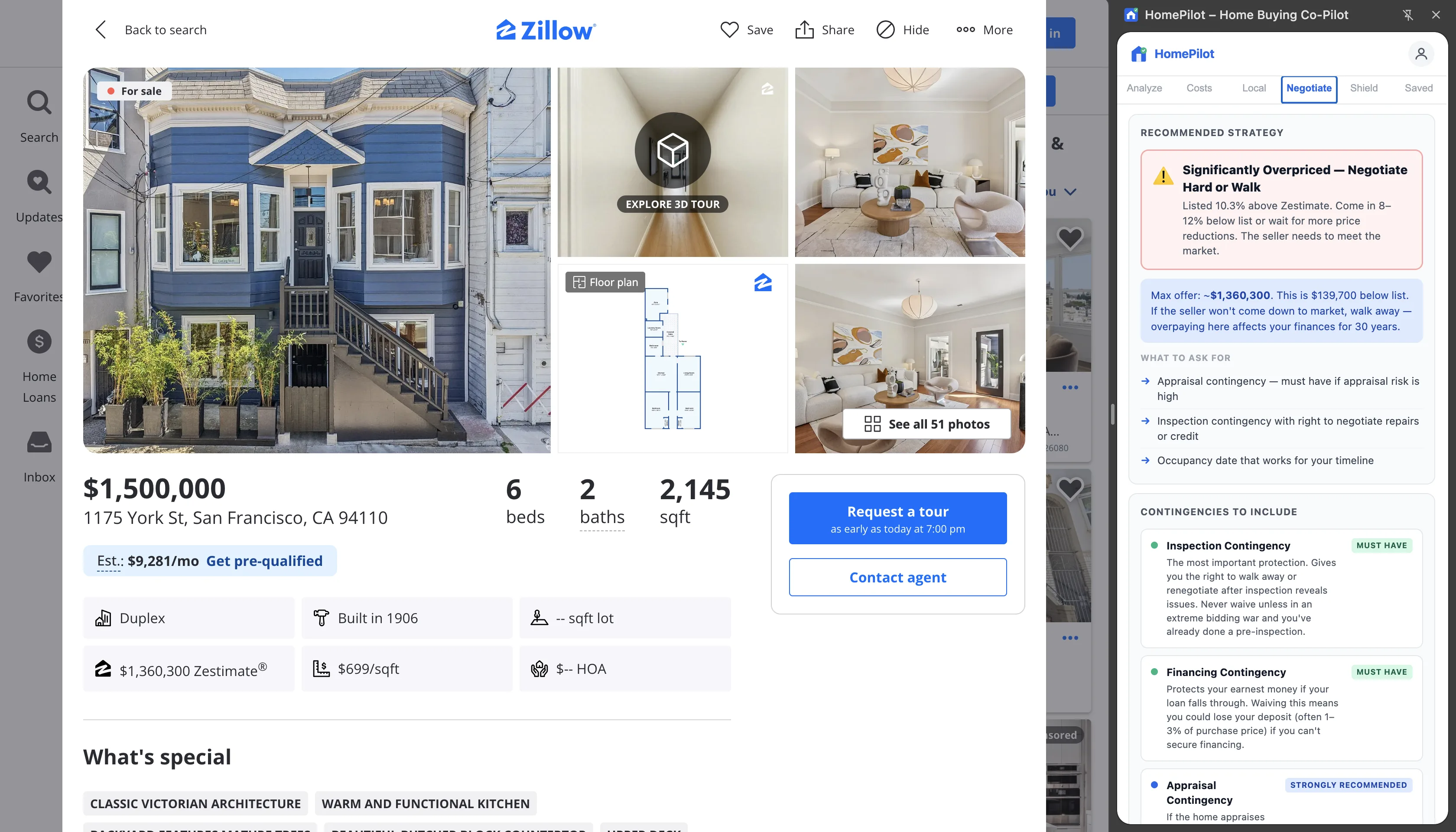 HomePilot Negotiate tab — strategy card and contingencies