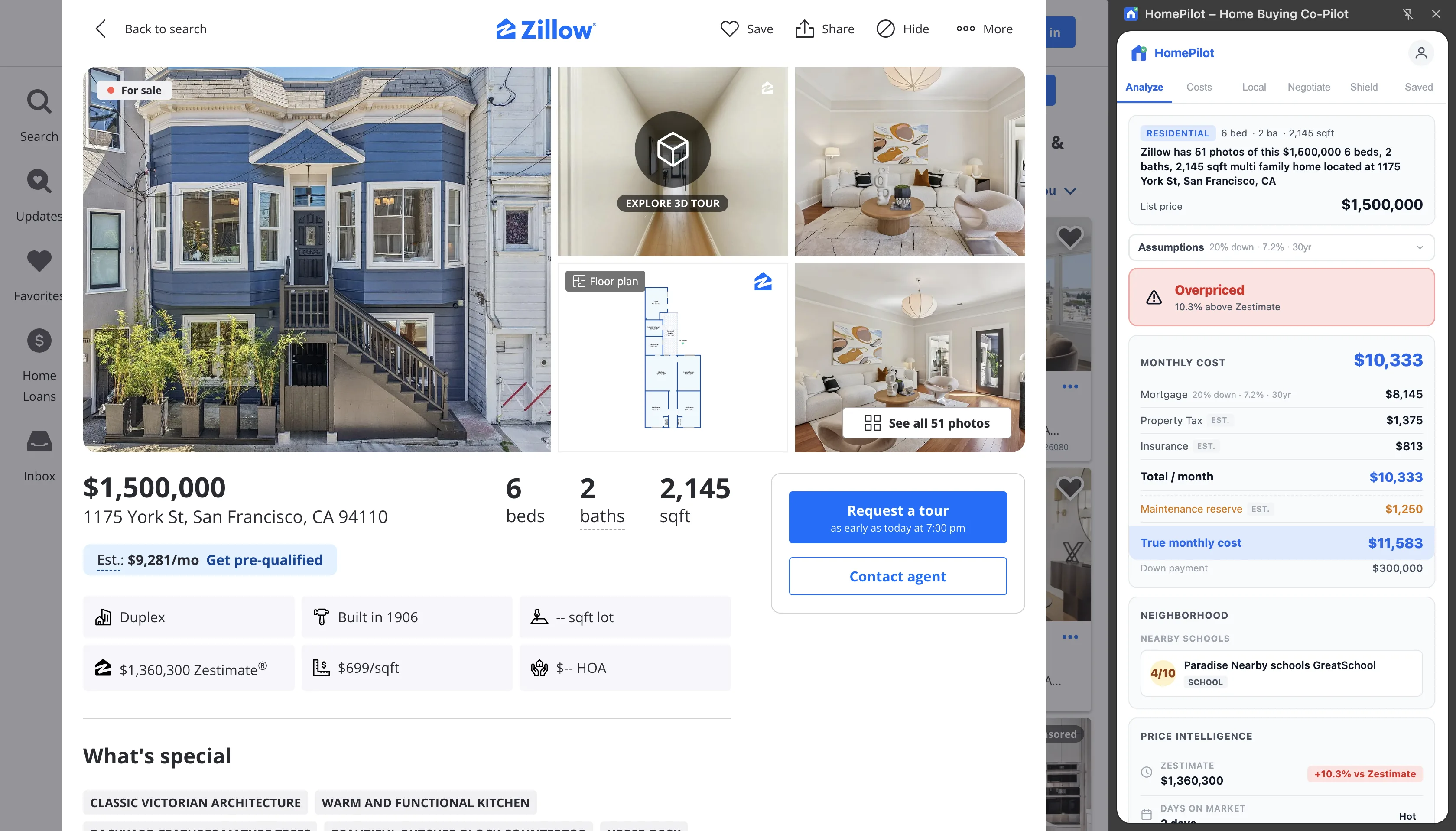 HomePilot property analysis on a Zillow listing — true monthly cost and price vs Zestimate