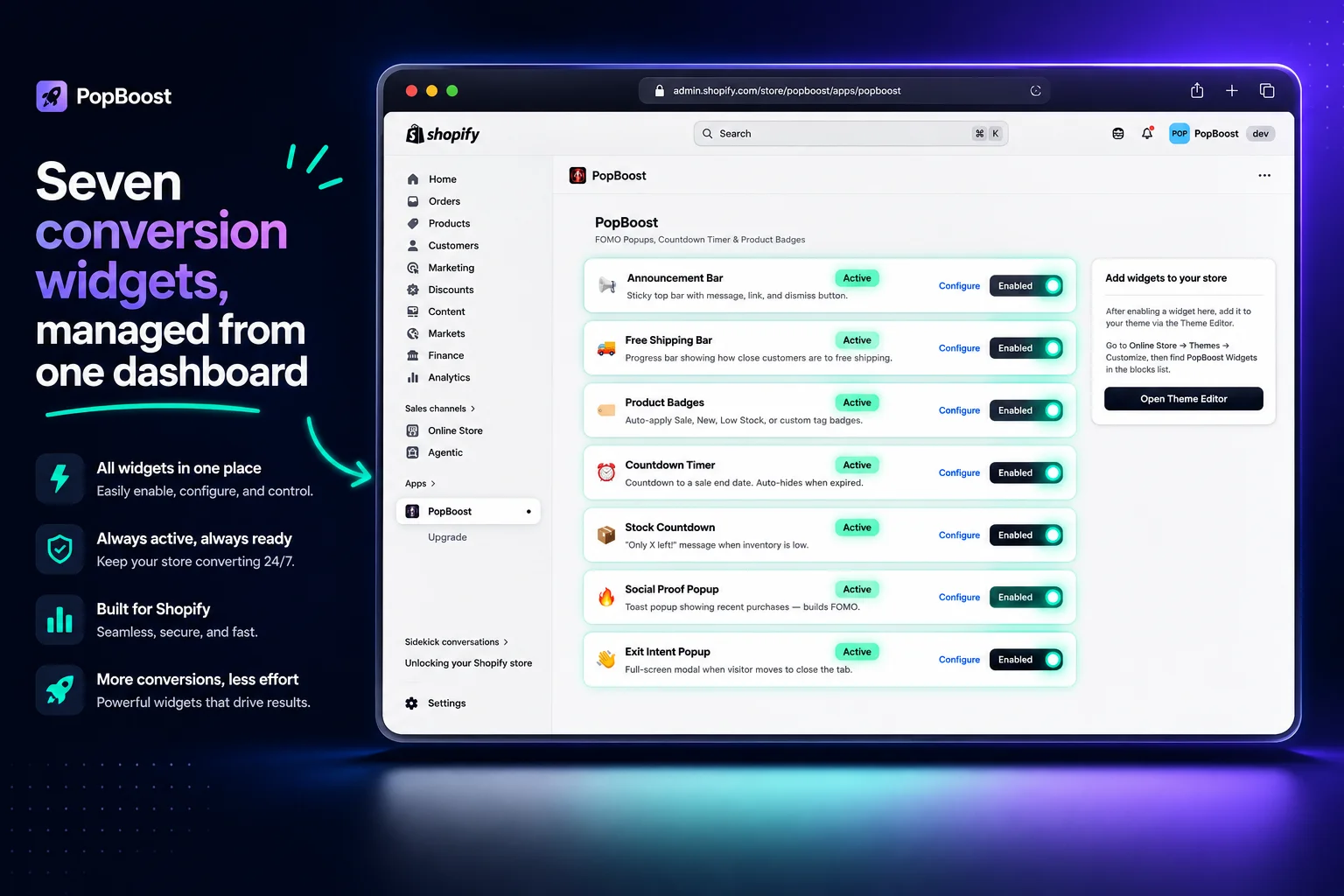 PopBoost admin dashboard showing all 7 conversion widgets in one place