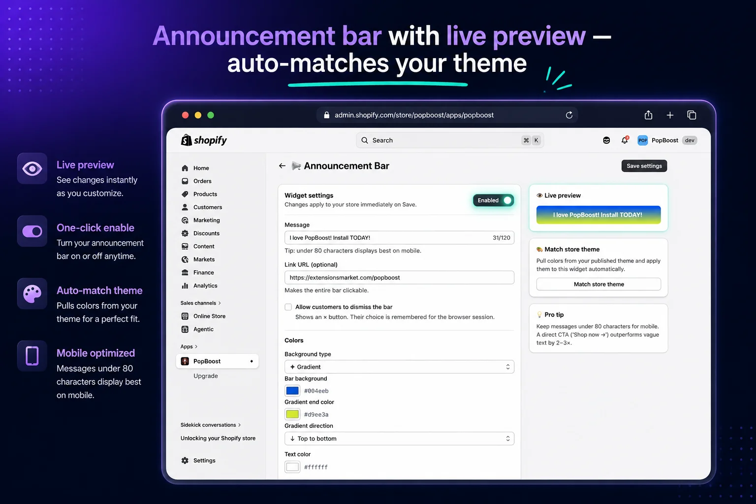 PopBoost announcement bar settings with a live, theme-matched preview