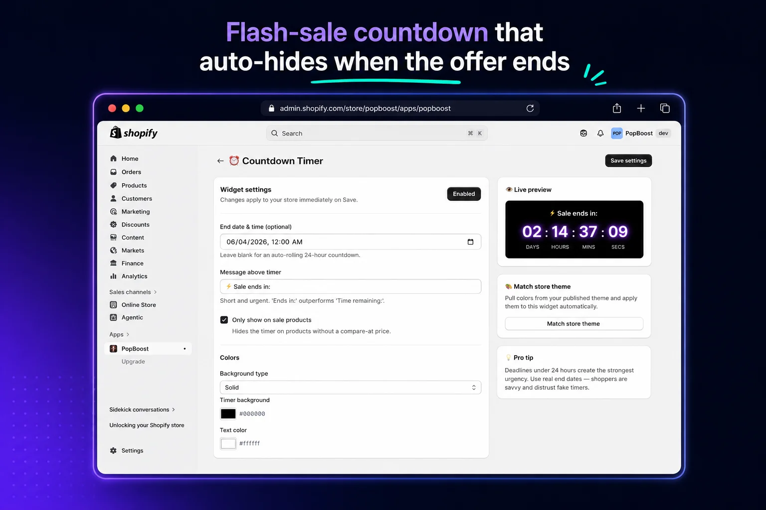 PopBoost countdown timer settings with a live flash-sale timer preview