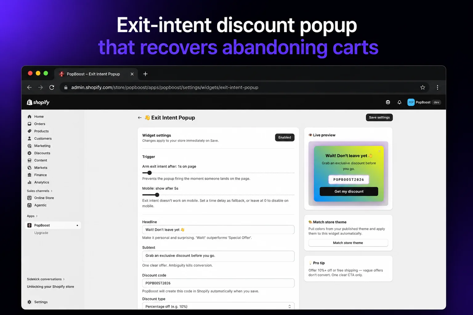 PopBoost exit intent popup settings with a discount code to recover carts