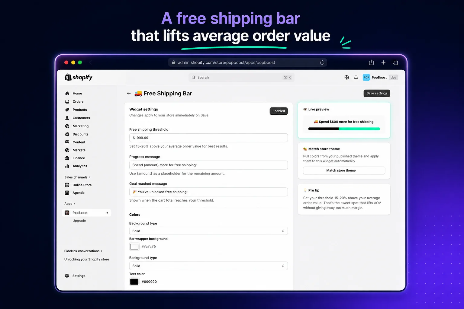 PopBoost free shipping bar settings with a progress bar preview
