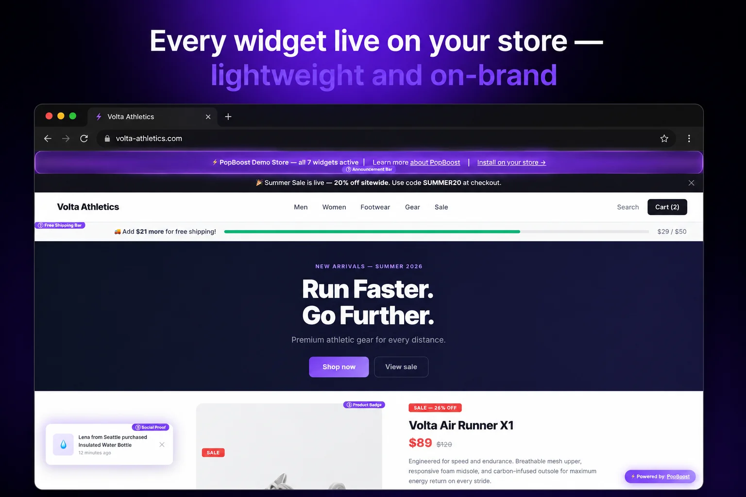 PopBoost conversion widgets running live on a Shopify storefront