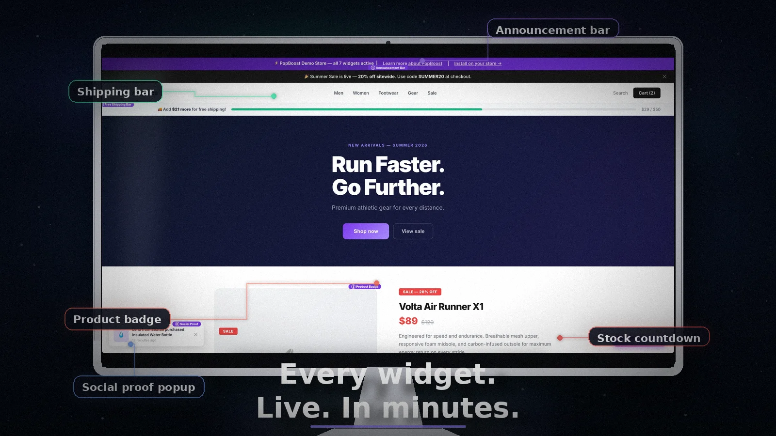 PopBoost widgets live on a Shopify store — announcement bar, social proof popup, countdown timer and product badges all active