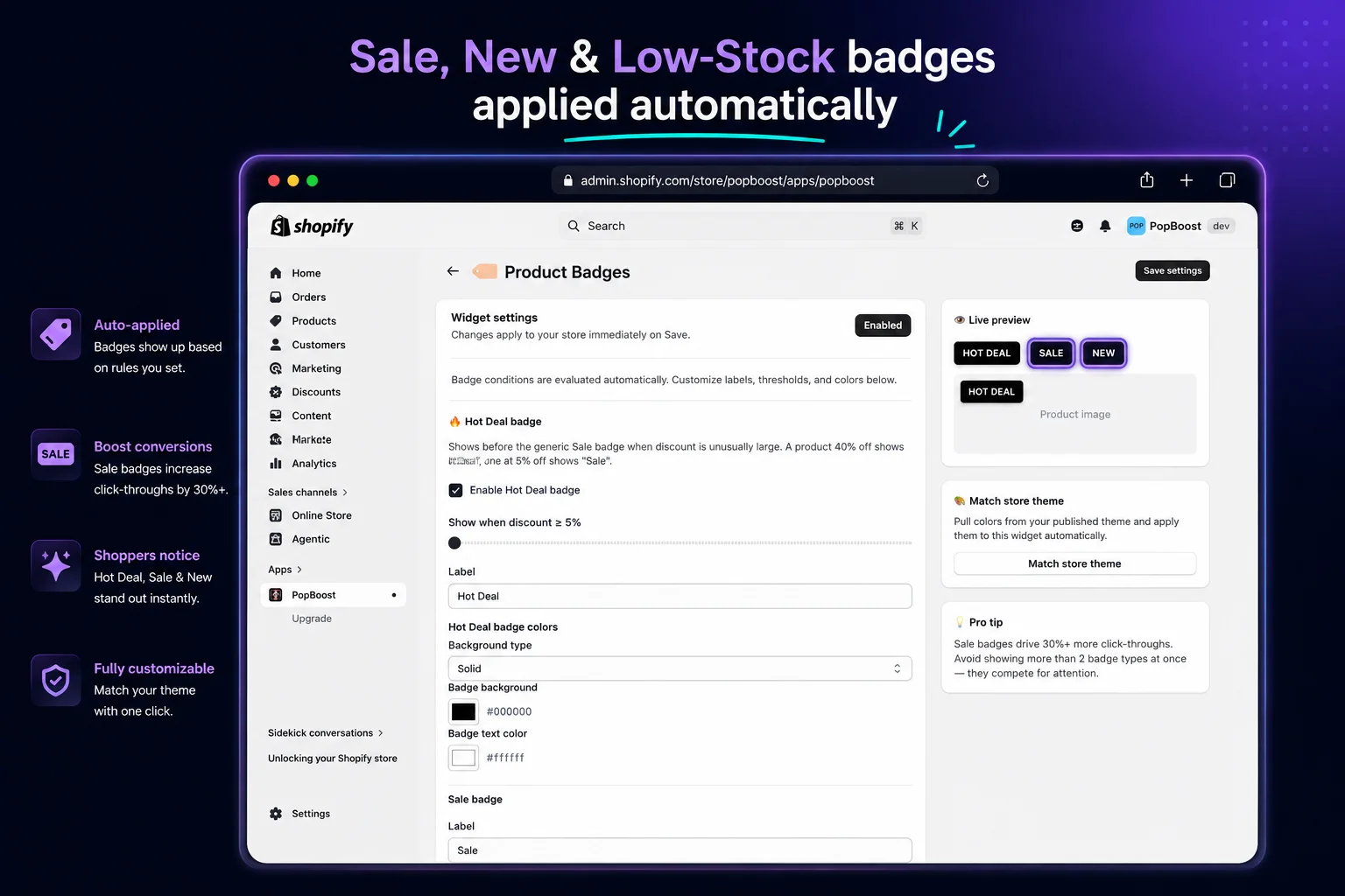 PopBoost product badges settings applying Sale, New and Low Stock labels