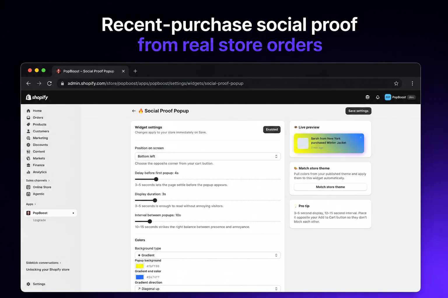 PopBoost social proof popup settings showing recent-purchase notifications