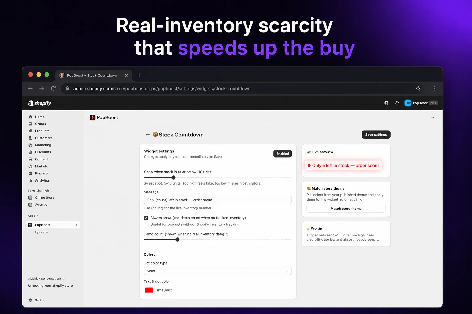 PopBoost stock countdown settings showing a low-inventory scarcity message