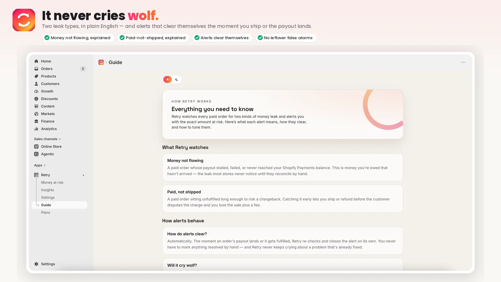 Retry guide explaining the two leak types and self-clearing alerts