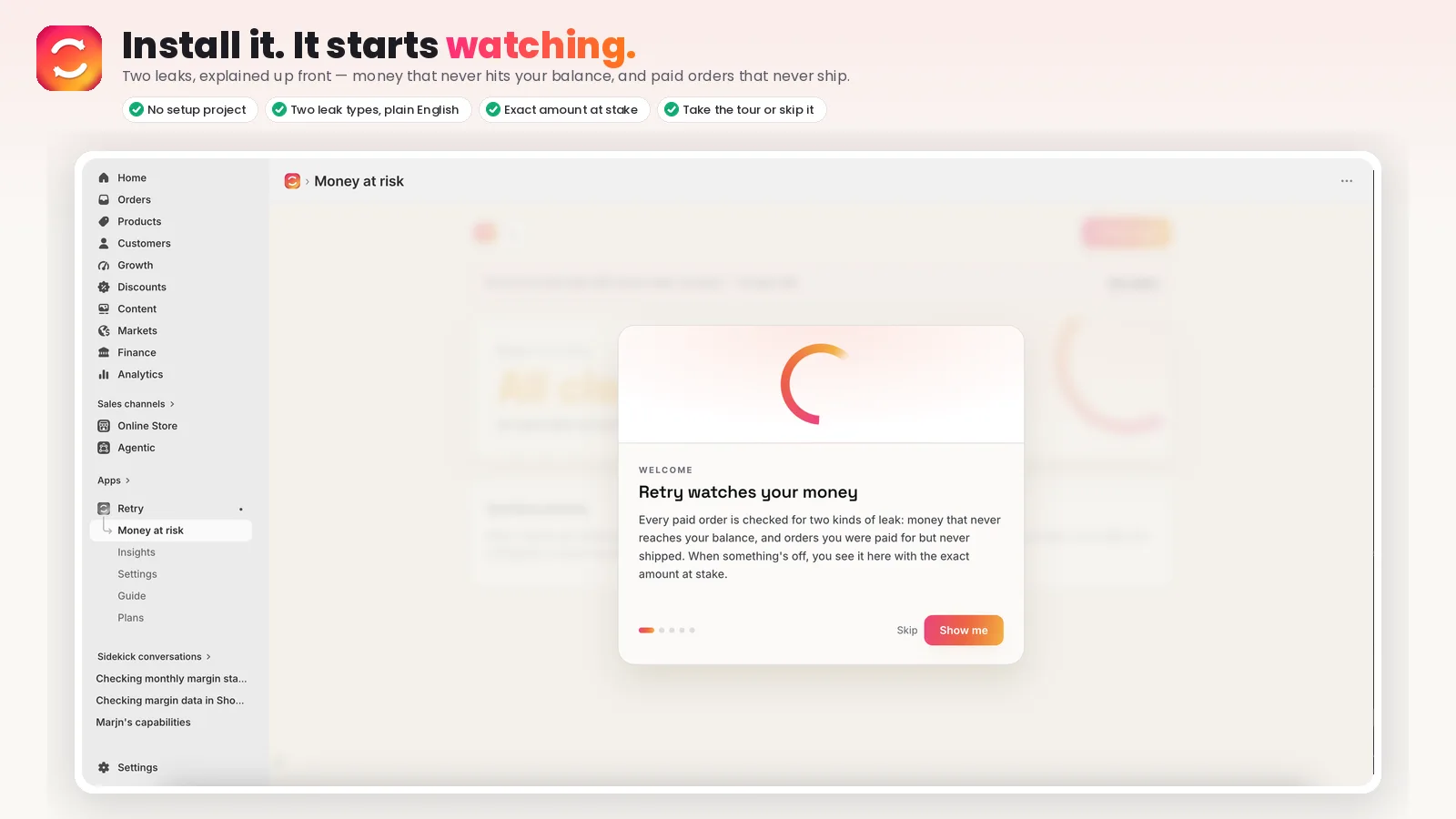 Retry welcome tour explaining that it watches every paid order for leaks