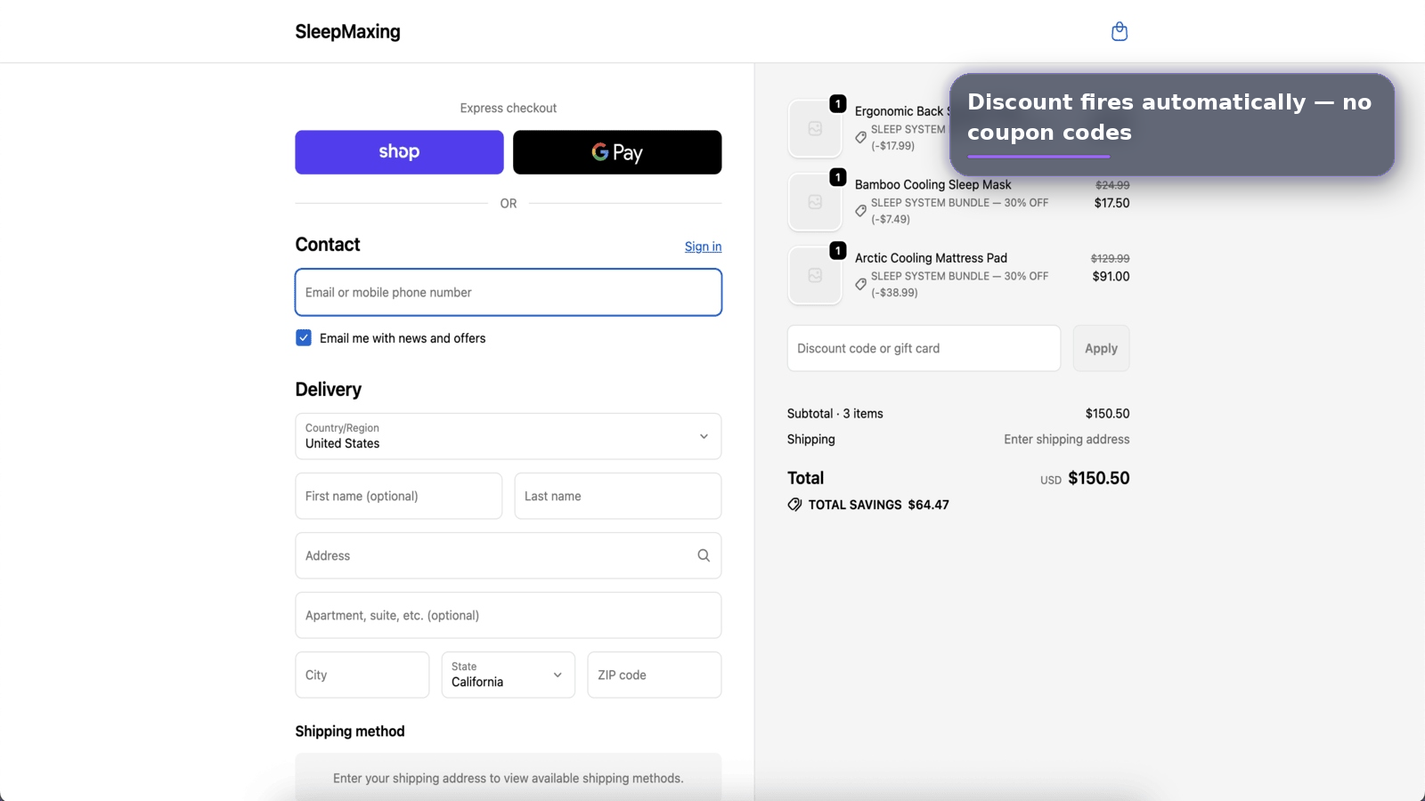 Shopify checkout showing bundle savings of $64